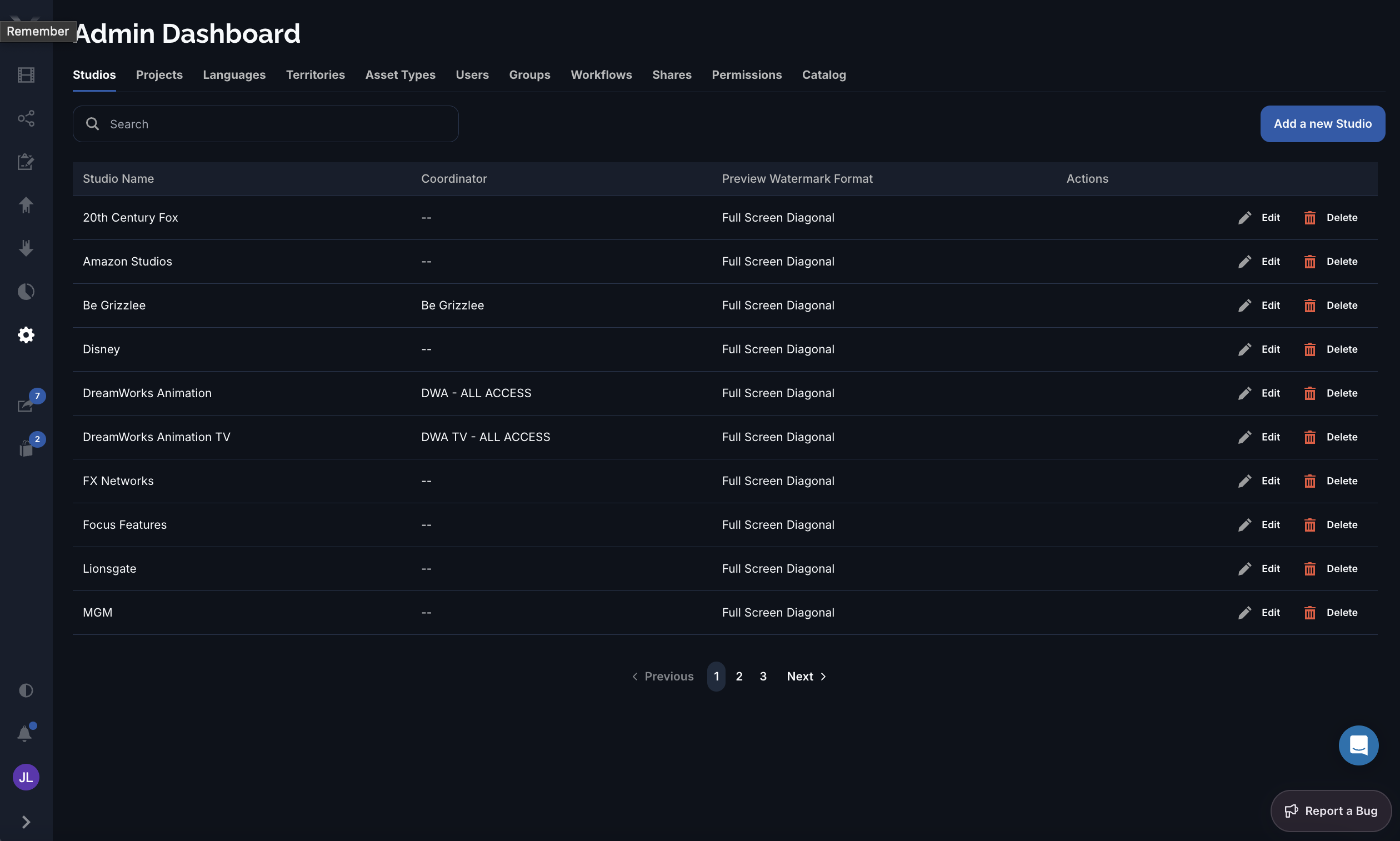 The Admin Dashboard showing the Studios tab with a list of studios