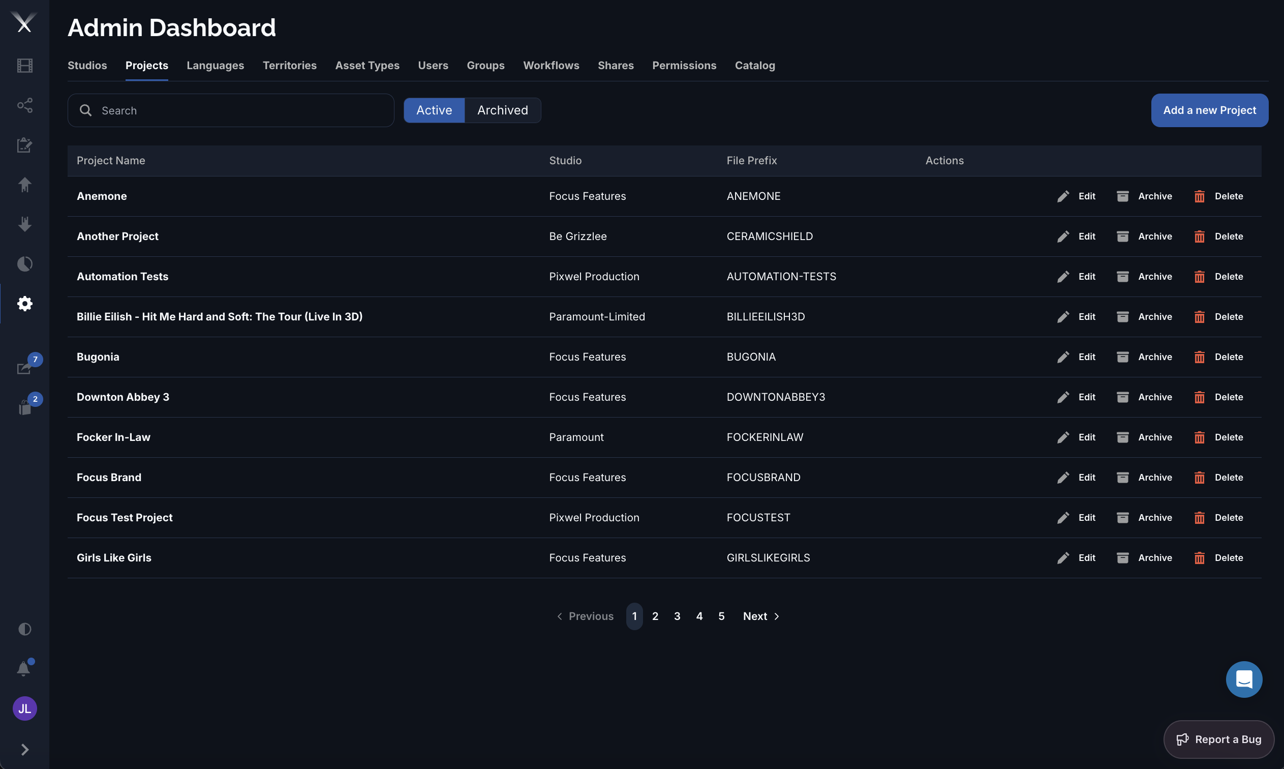 The Admin Dashboard Projects tab listing projects with studio and file prefix