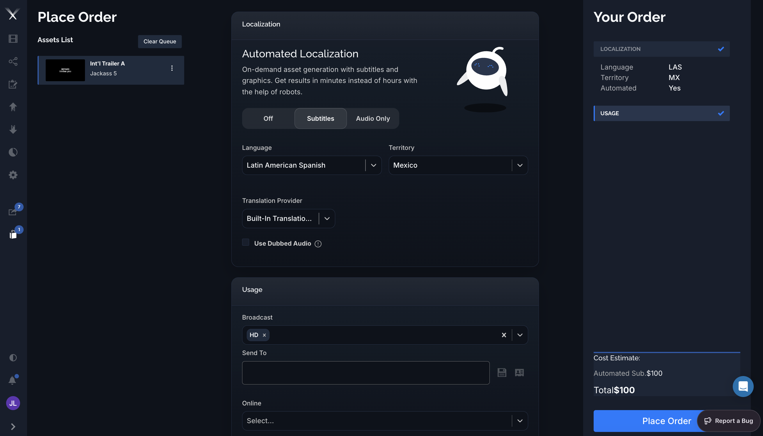 The Place Order page showing the Automated Localization panel with a Subtitles/Audio toggle, language and territory dropdowns, and translation provider