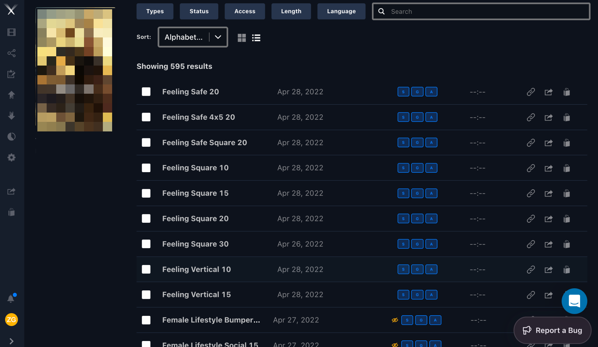 List view of assets with rows and quick-action buttons