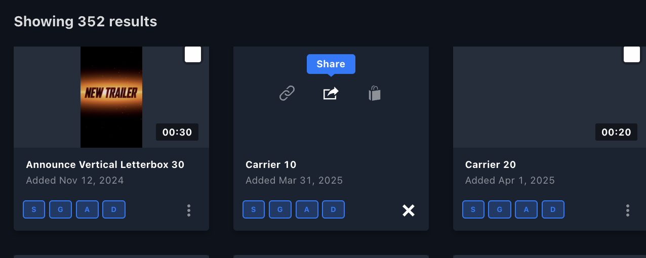 Quick-action buttons on an asset thumbnail