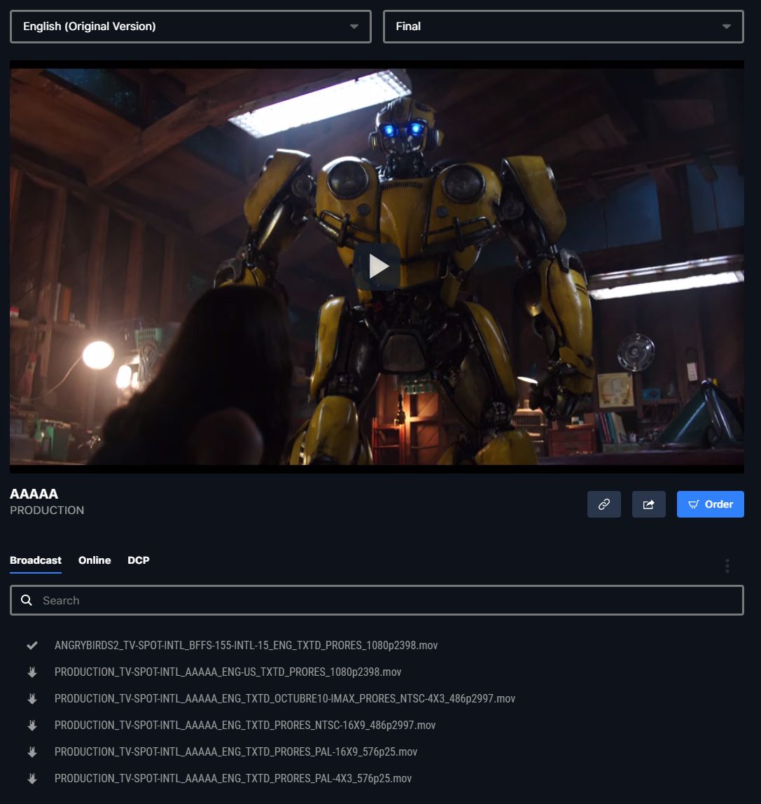 An asset's file list with language and version dropdowns and download arrows