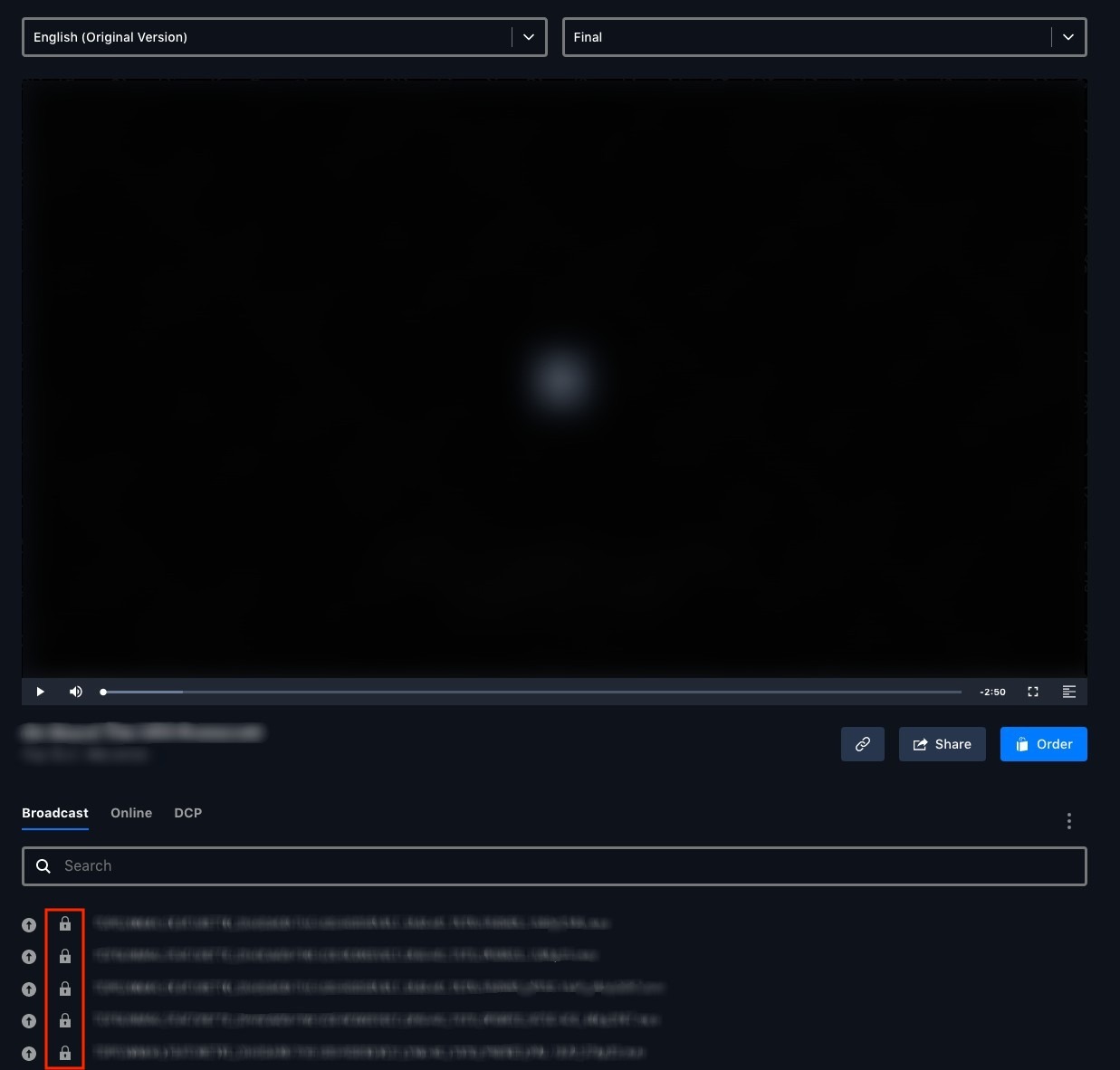 An asset's file list with padlock icons on embargoed files
