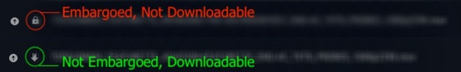 Legend comparing the embargoed padlock and the downloadable arrow icons