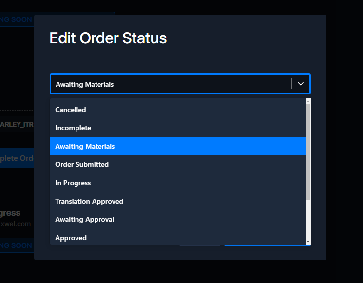 The Edit Order Status dropdown listing the available statuses