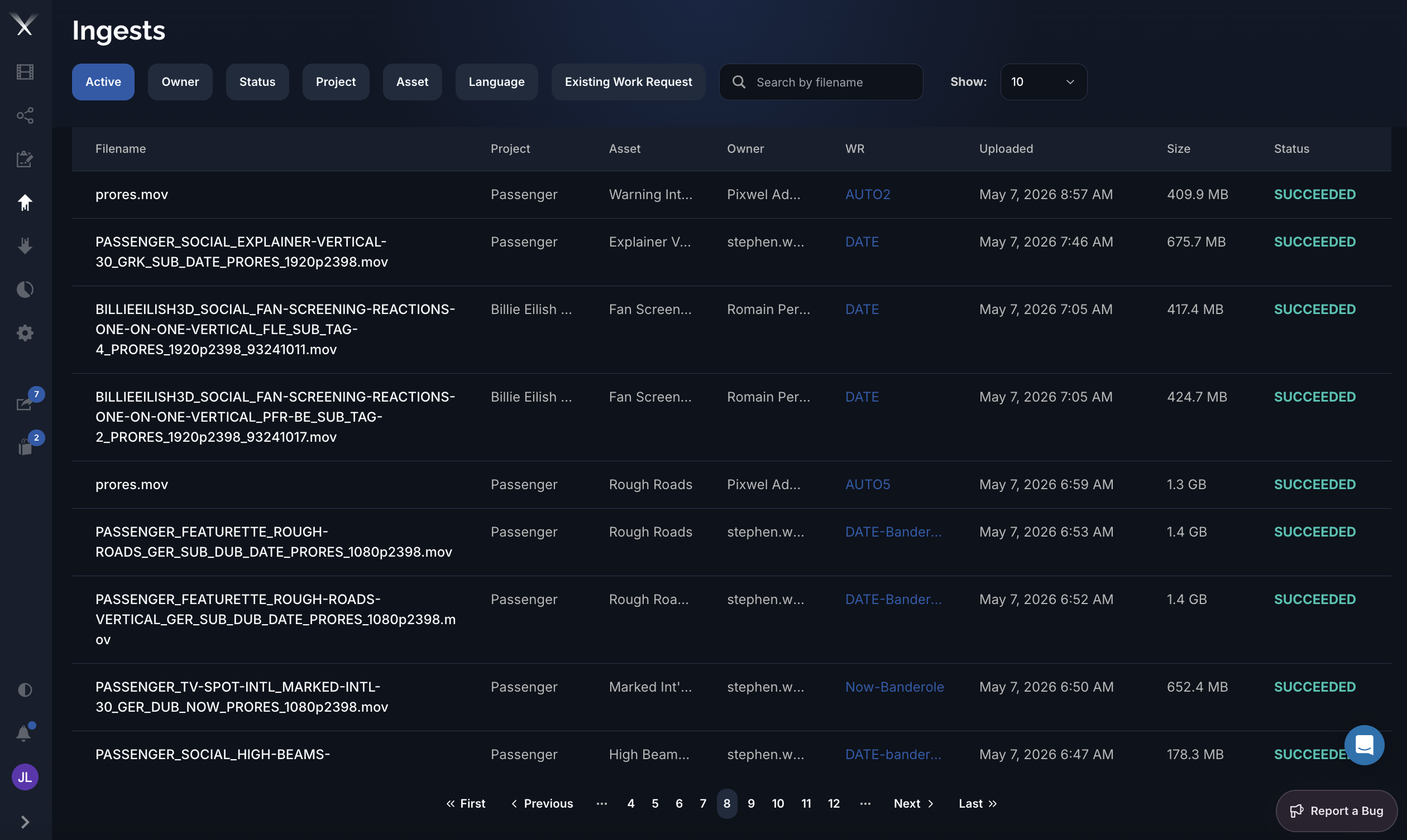 The Pixwel Ingests page showing a table of uploaded files with status SUCCEEDED