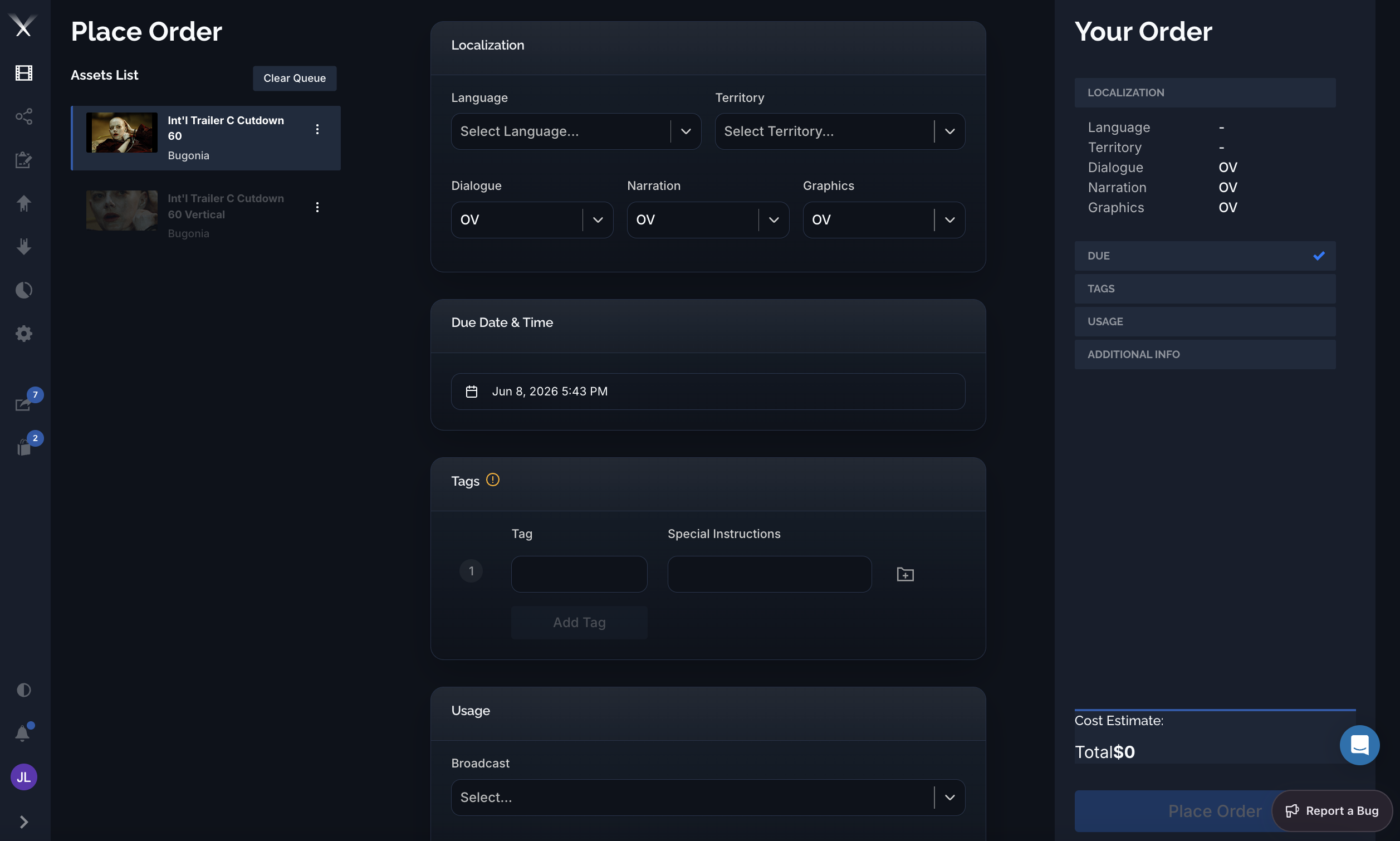 The Place Order page with localization, due date, tags, and usage fields and an order summary