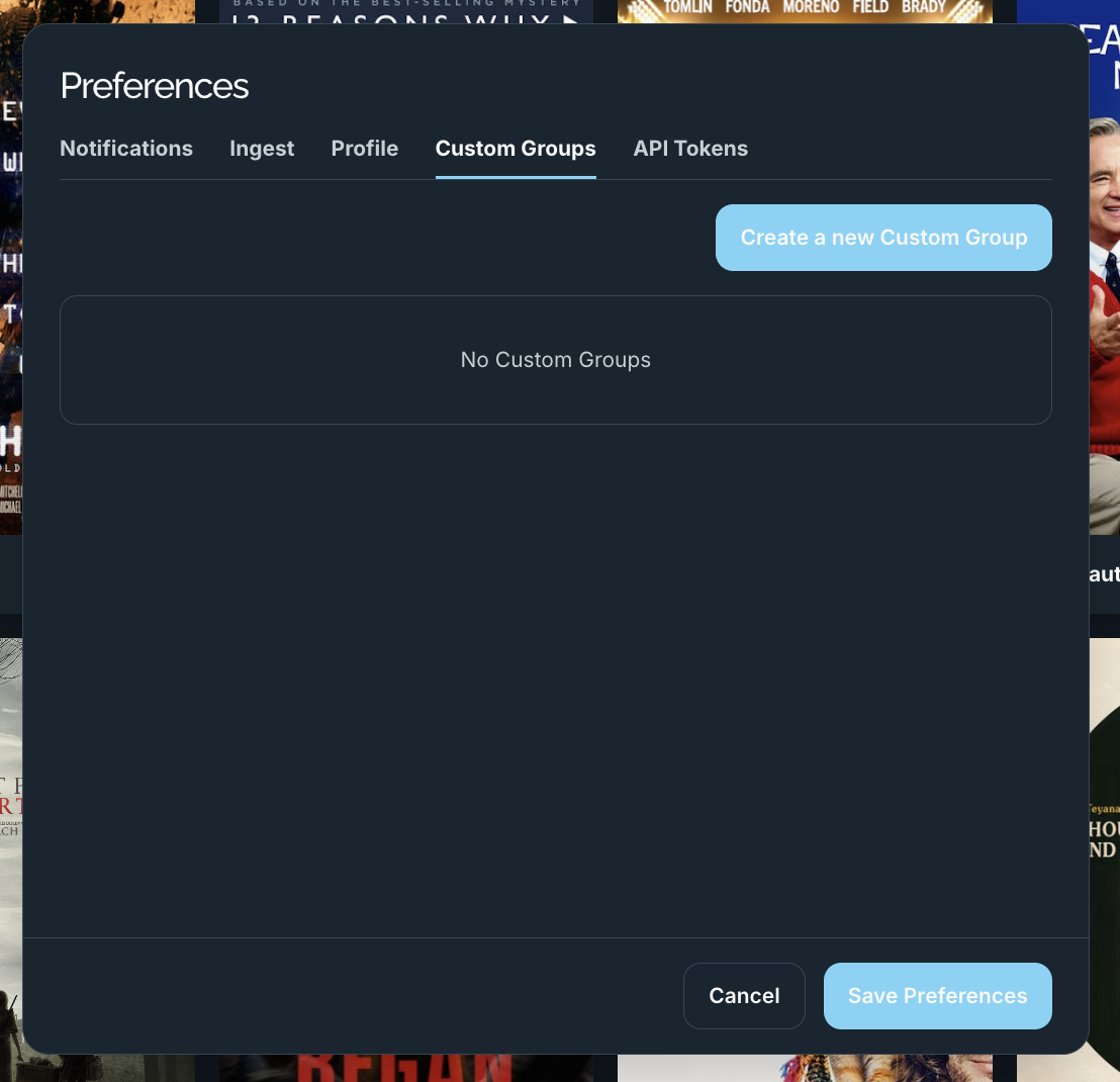 The Preferences Custom Groups tab with a Create a new Custom Group button and empty state